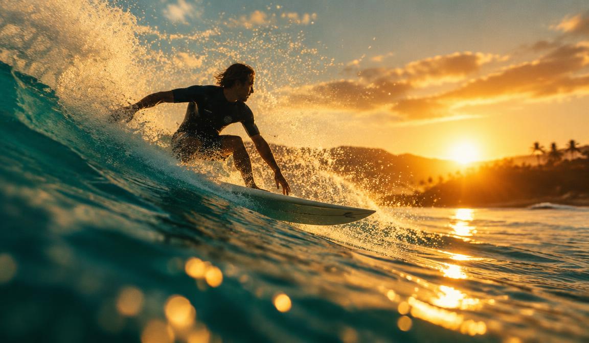 Video IA de surf al atardecer